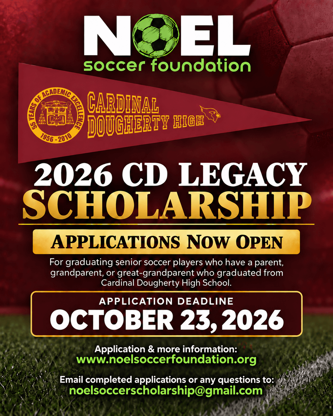 2026 CD Legacy Scholarship flyer: applications now open for graduating senior soccer players with a parent, grandparent or great-grandparent who graduated from Cardinal Dougherty High School; application deadline October 23, 2026